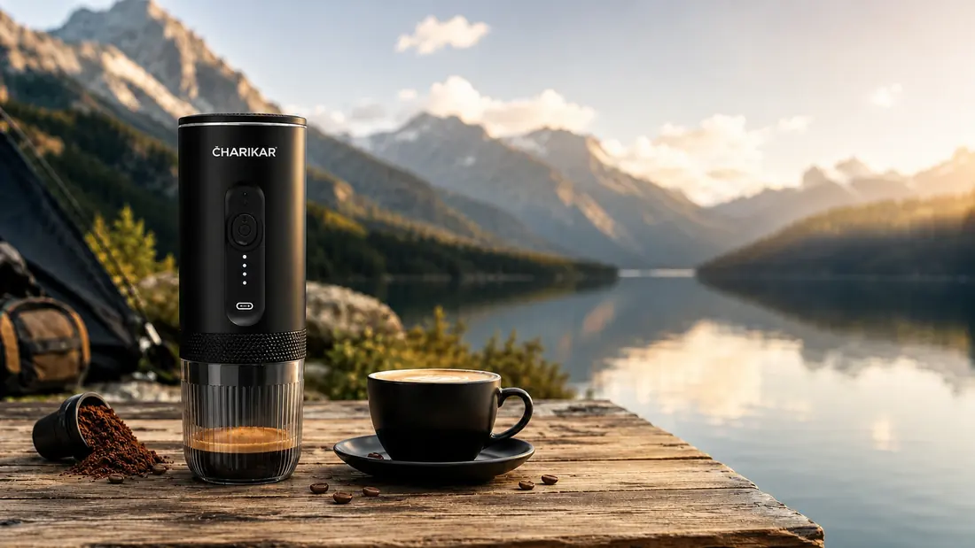 Portable espresso maker by a mountain lake