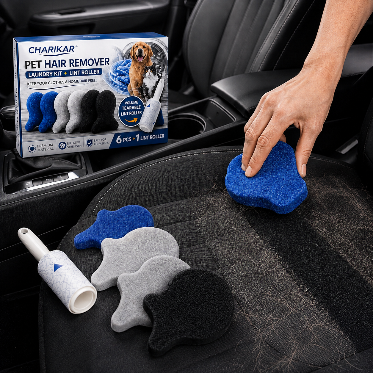 Pet hair remover on a car seat