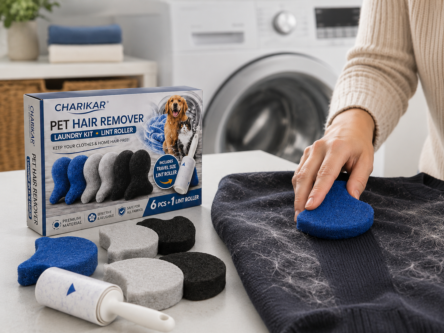 Pet hair remover in a laundry room