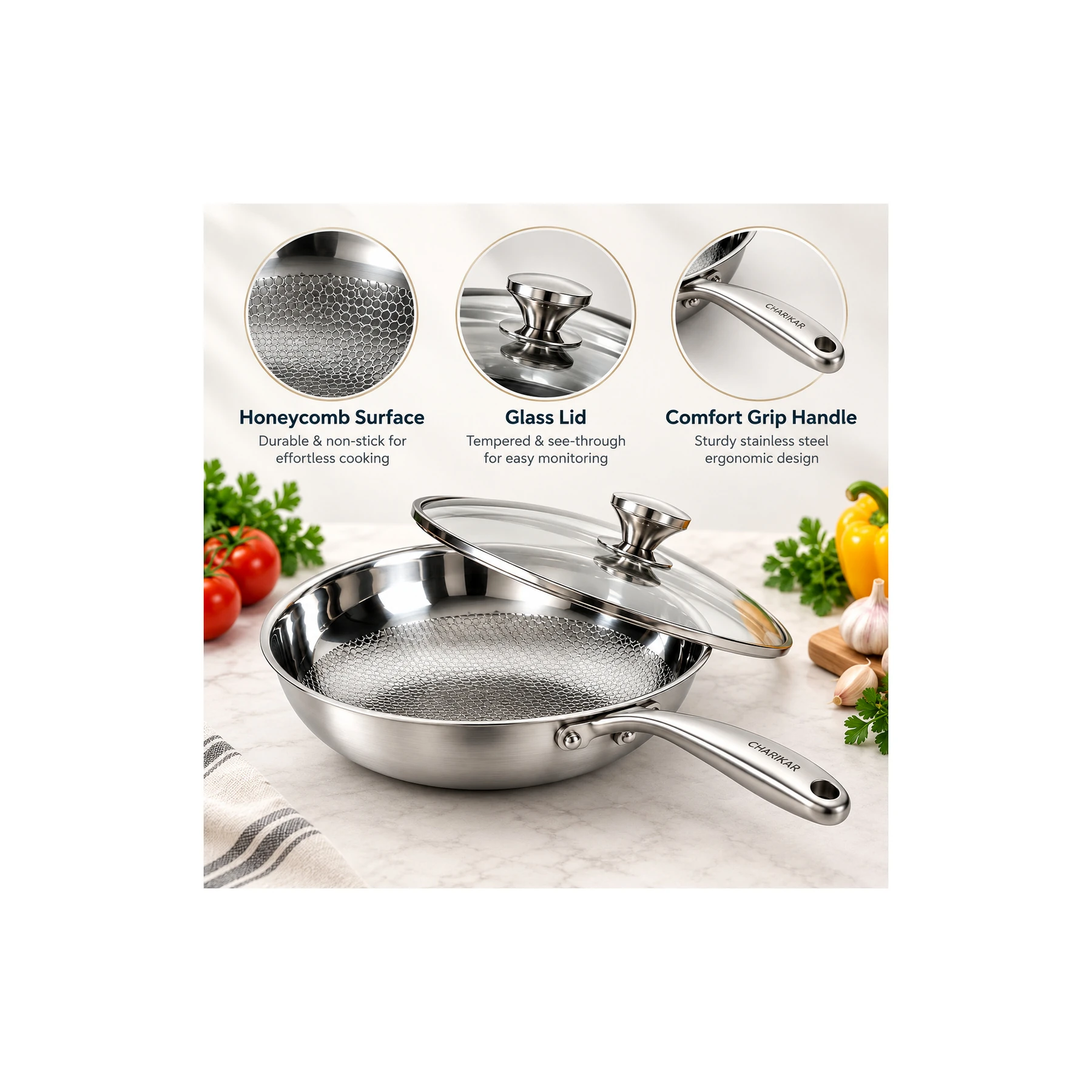CHARIKAR cookware honeycomb surface, glass lid, and handle details
