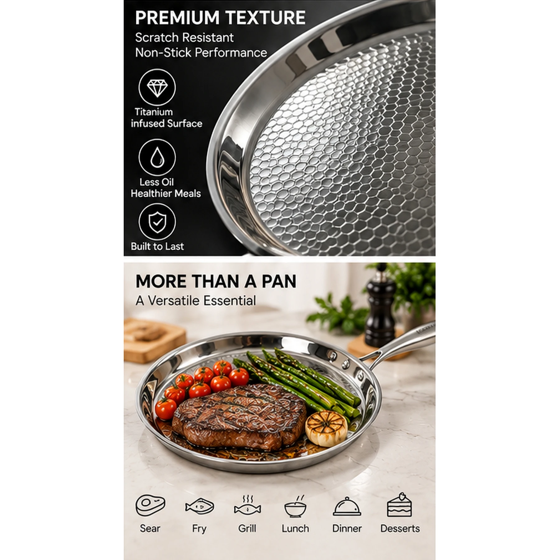 CHARIKAR honeycomb pan with steak and vegetables