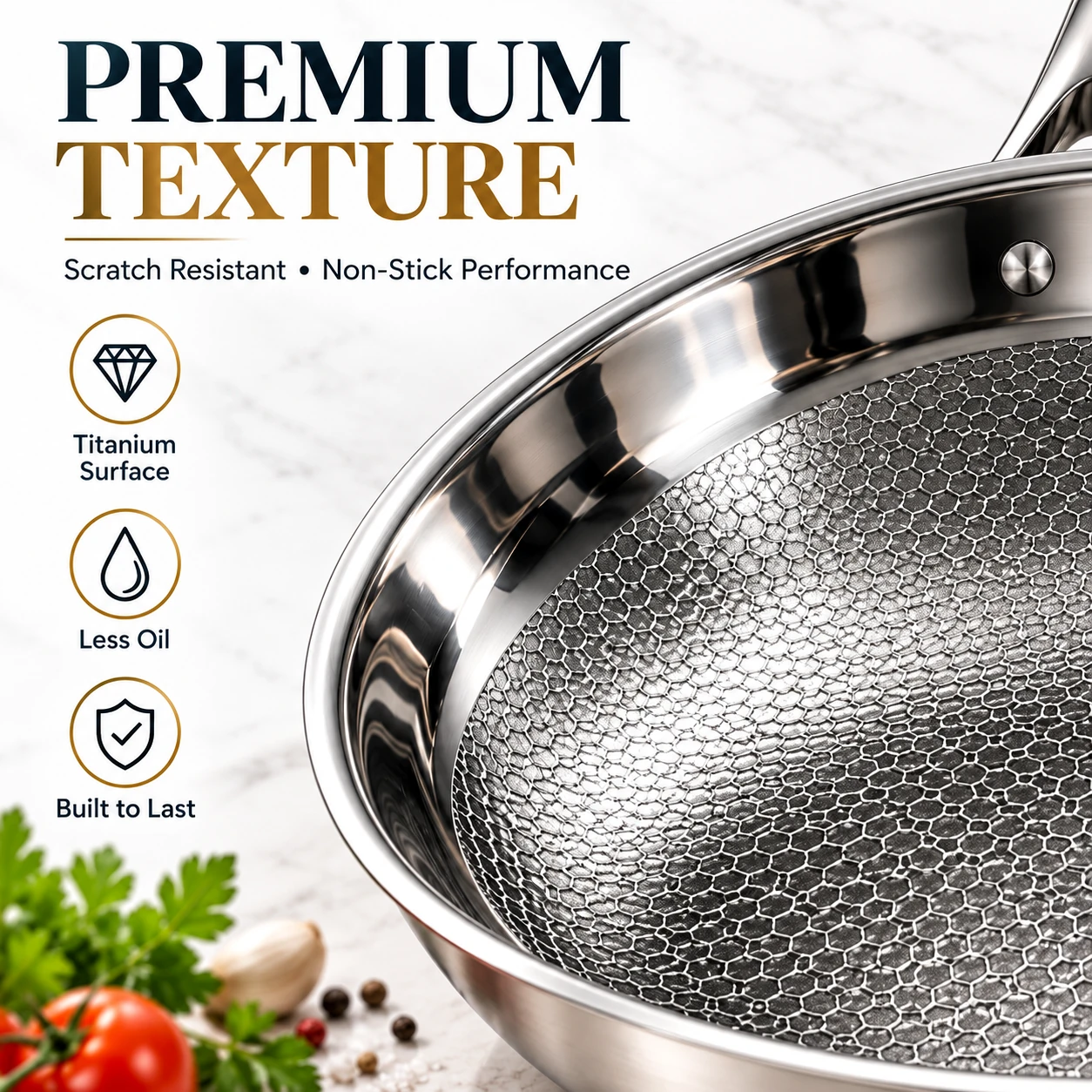 Close-up honeycomb-textured titanium cookware surface