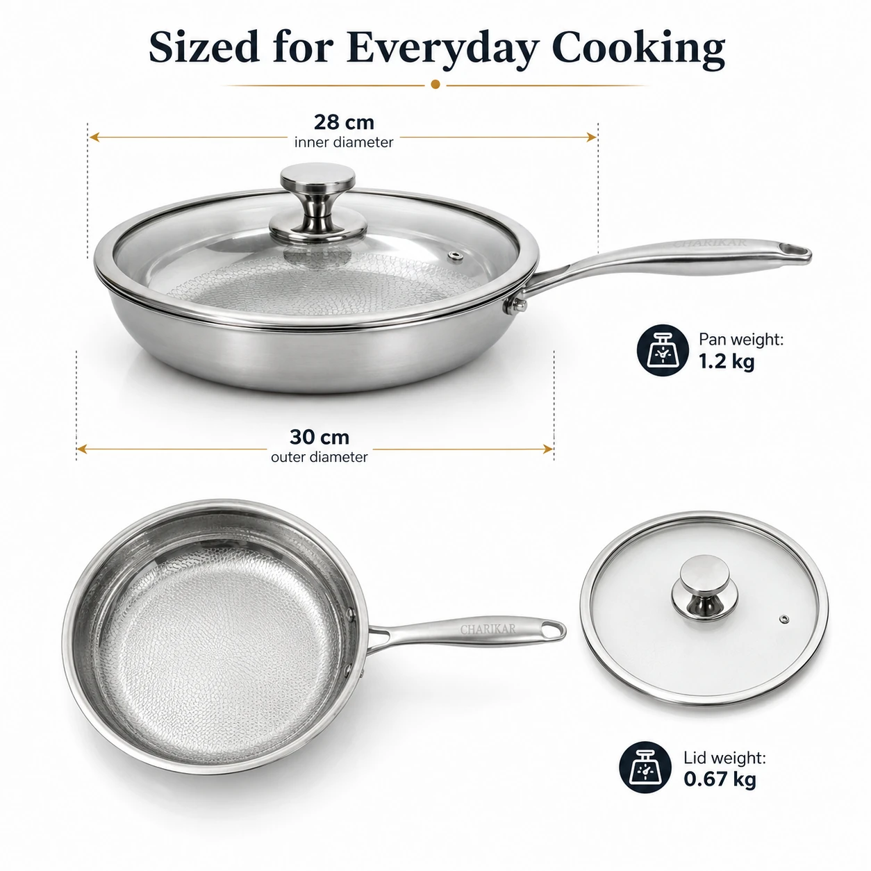 CHARIKAR 28 centimeter fry pan dimensions and weights